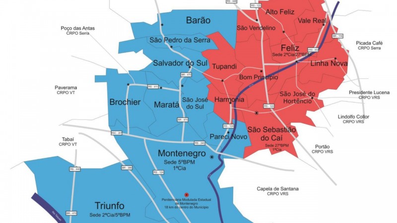 Mapa da área do Comando Regional de Policia Ostensiva Vale do Caí