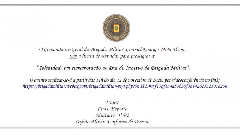 Convite para a solenidade em comemoração ao Dia do Inativo da Brigada Militar
