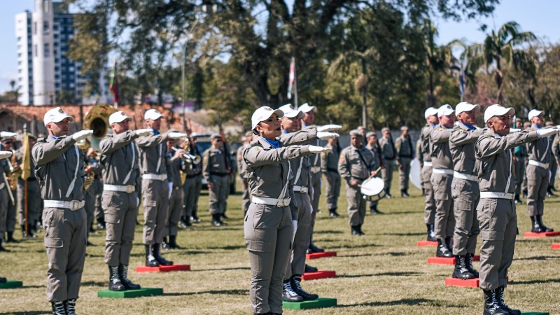 Imagem mostra soldados perfilados em campo aberto prestando juramento durante formatura