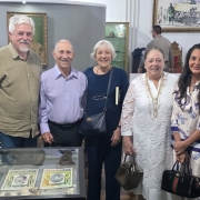 Inauguração da Exposição que homenageia Borges de Medeiros com a presença de bisnetos, da esq. à dir. Luiz Jacques Saldanha, Cel PM Jerônimo, Suzana e Luiza Saldanha, que são irmãs de Jacques, e a filha de Luiza, Débora.
